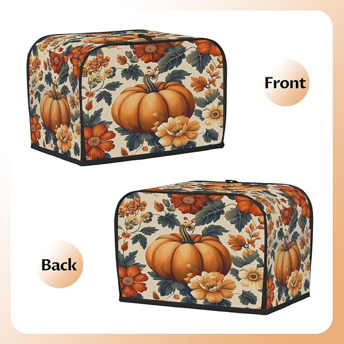 2 Slice Autumn Toaster Cover,Thanksgiving Pumpkin Fall Boho Floral Small Kitchen Appliance Bread Machine Cover with Pockets,Dust & Fingerprint Protection
