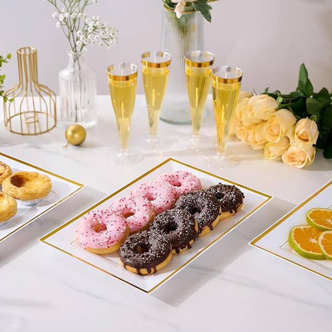 FOCUSLINE 8 PCS Plastic Serving Trays, White and Gold Rim Plastic Serving Platters, Disposable Tray for Food, Perfect for Wedding Parties