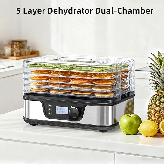 Kndko Food Dehydrator 350W Machine With Digital Adjustable Temperature and 72H Timer,5 BPA-Free Stainless Steel Trays for Fruits Vegetables and Meat