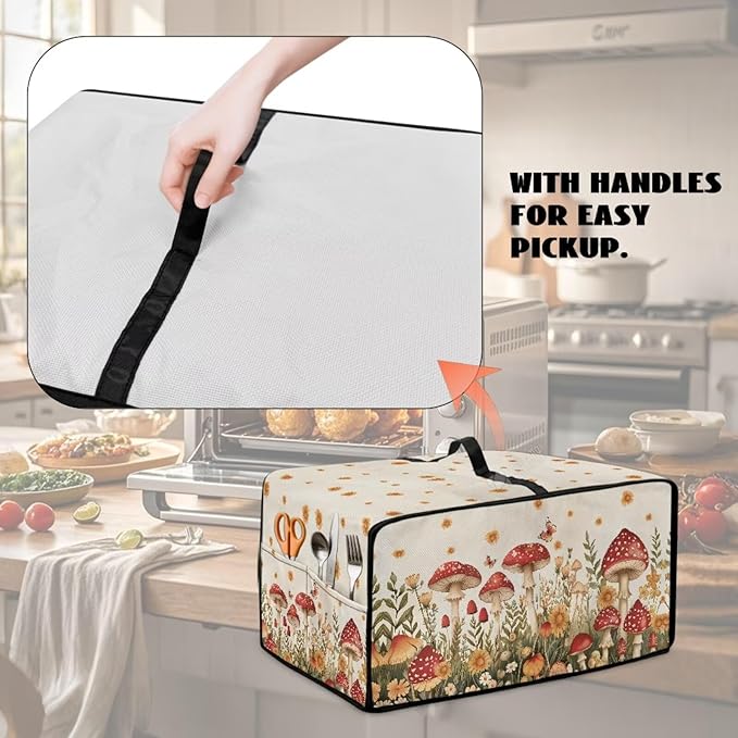 Air Fryer Toaster Oven Cover Fabric Convection Oven Cover with Pockets, Washable Small Appliance Dust Protection for Kitchen Home, S, 14.5 x 18.5 x 9 Inches, Mushroom Floral