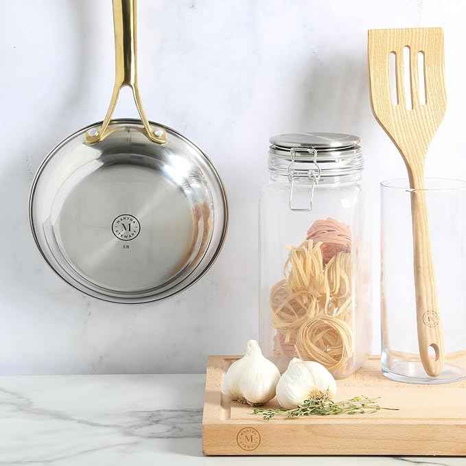 Martha Stewart Castelle 8-Inch Stainless Steel Frying Pan with Gold-Tone Handle – Tri-Ply Encapsulated Bottom, Oven Safe & Induction Safe Skillet for Searing and Sautéing