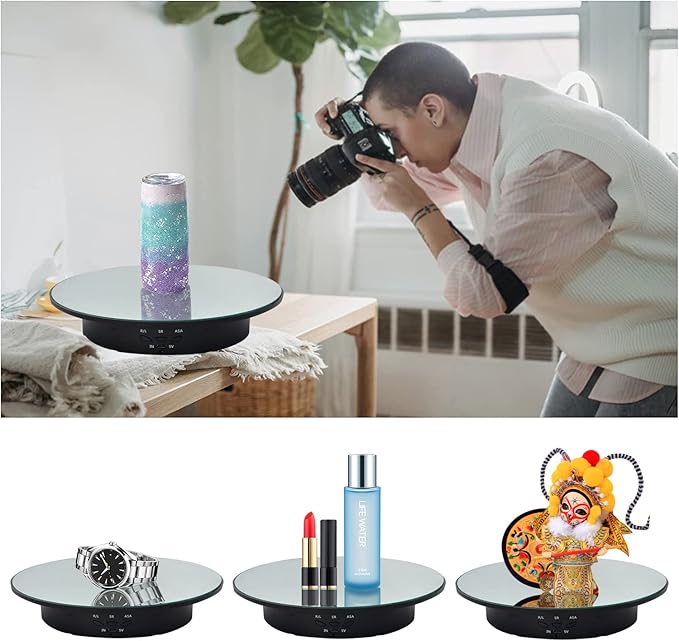 QINMAY 360 Degree Rotating Display Stand,360 Degree Photography Turntable with Remote Control,5 PVC Backgrounds,Battery/USB Power Supply for Photography Product Shows
