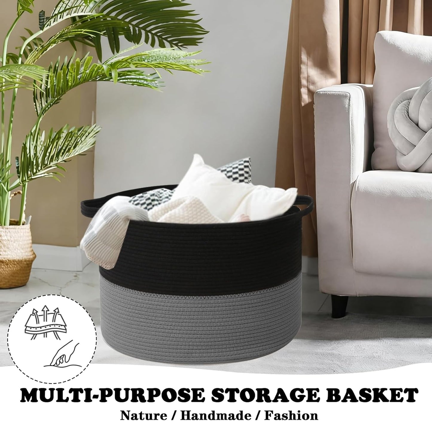 Large Blanket Basket for Organizing,115L Closet Organizers and Storage Bins Box for Shelves Woven Rope Storage Baskets,Living Room,Bedroom,Dorm,Laundry room (Black&Dark Grey)