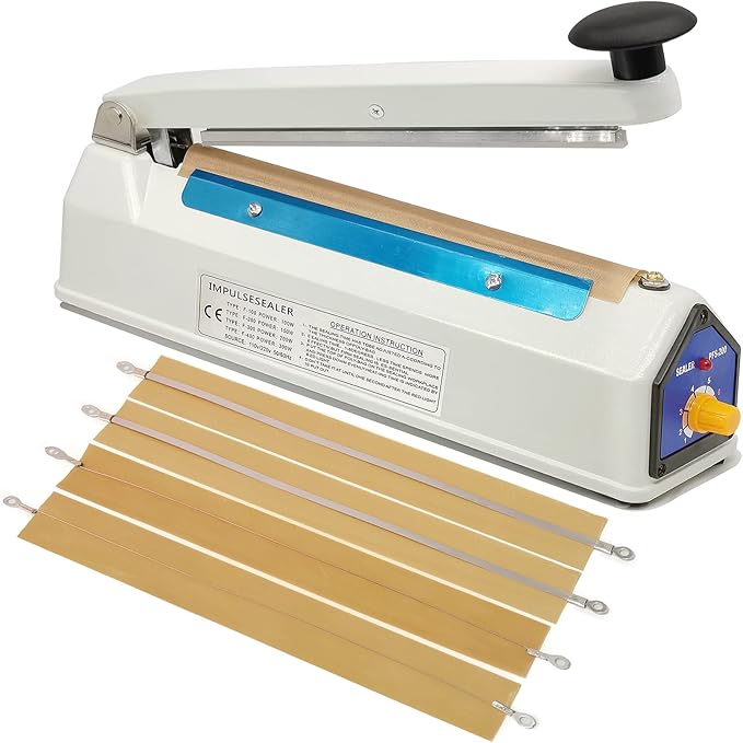 Impulse Sealer 8 Inch 5mm Sealing Heat Sealer for Plastic Bags, Iron Metal Shell, Mylar Bag Sealer, Manual Poly Plastic Bag Hot Seal Machine, 4 Repair Kit(2 Cutting Lines Included)