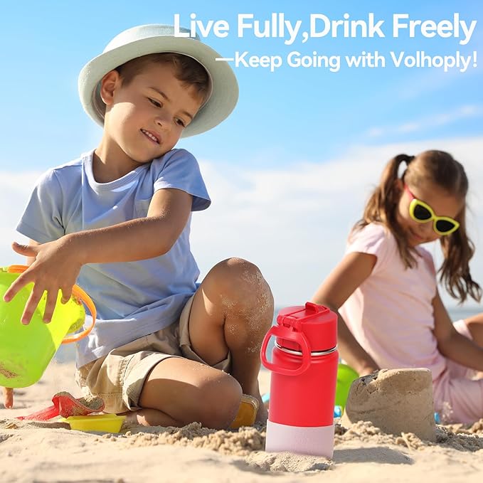 Volhoply 14oz Water Bottle with Straw Lid and Silicone Boot Bulk 2 Pack,Stainless Steel Insulated Cups for Boys & Girls Multipack,Double Wall Vacuum Leakproof KIds Bottles(Red,2)