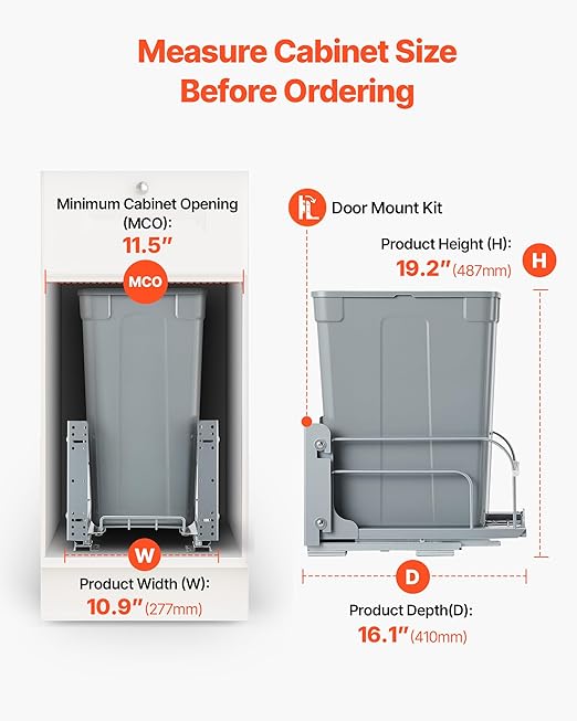 VEVOR Pullout Trash Can for Kitchen Cabinets, 35 QT Garbage Waste Recycling Bin, Under Mount Waste Container, with Heavy Duty Metal Soft Close Sliding System and Door Kit, for Sink, Under Counter