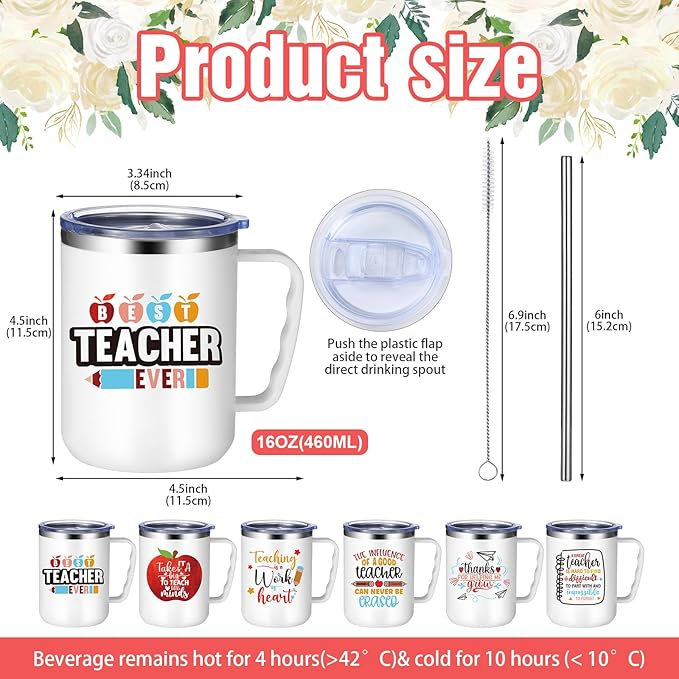 Maxcheck 6 Pcs Christmas Teacher Appreciation Gifts Mugs Bulk 16oz Thank You Teacher Stainless Steel Tumblers Inspirational Insulated Coffee Cups with Handle Lids Straw for Women Birthday Gifts