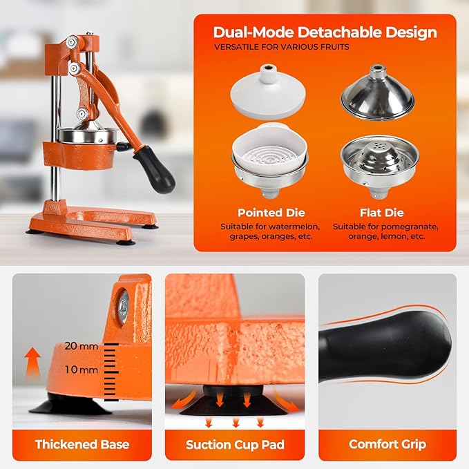 ROEDEER Heavy-Duty Manual Citrus Juicer – Cast Iron Orange Juicer Squeezer, Dual-Die Head, Manual Juicer, Citrus Squeezer, Lemon Juicer Manual & Pomegranate Juicer for Fresh Juice (Orange)