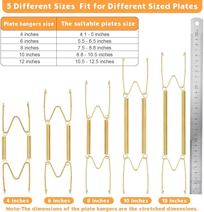 7 pcs Plate Hangers for The Wall, 4/6/8/10/12 Inch Invisible Decorative Wall Plate Hangers, Stainless Steel Plates Walls Hanger for Display Various Sizes with Hooks for Decorative