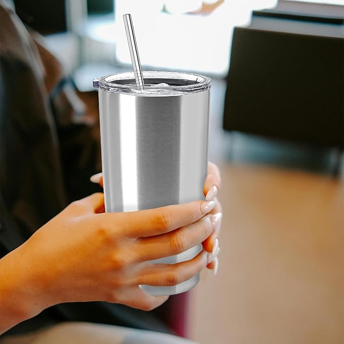 YOUKE OLA 12 Pack Insulated Coffee Tumbler Stainless Steel Double Wall Vacuum Travel Tumbler Cup with Lid and Straw for DIY Gift, Silver 20oz