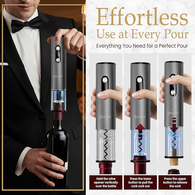 Rechargeable Electric Wine Opener Gift Set – 6-in-1 Automatic Wine Bottle Opener with Foil Cutter, Aerator Pourer, 2 Vacuum Stoppers & Base Stand – Perfect Wine Gift for Wine Lovers
