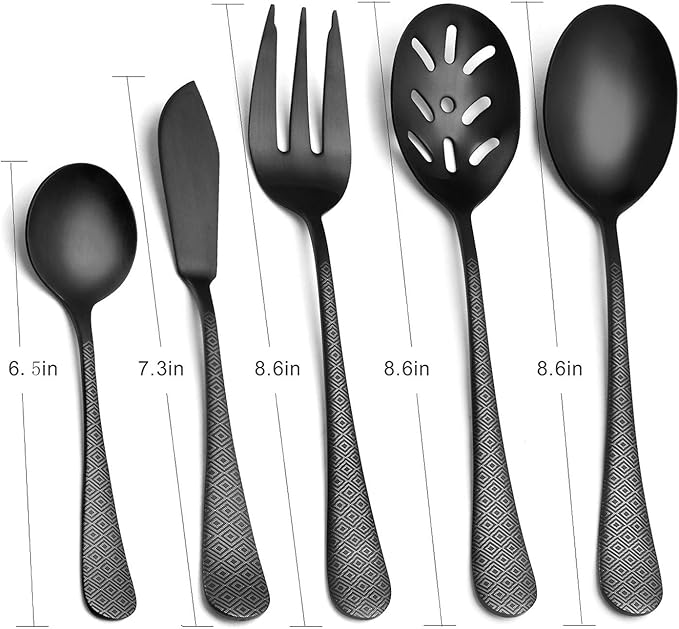 Matte Black Serving Set, sharecook 5-Piece 18/0 Stainless Steel Large Hostess Set with Round Edge, Satin Finished, Dishwasher Safe -Spoons, Forks,Butter Knife& Slotted Spoon