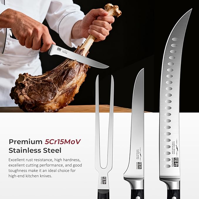 SHAN ZU 3Pcs BBQ Carving Knife Set with Sheath – for Turkey, Meat, BBQ, Brisket, Razor Sharp Slicing Knife, Professional 5Cr15MoV Stainless Steel, Ergonomic Full Tang Wood Handle, Gift Box Included