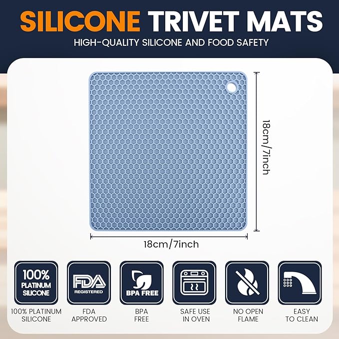 Silicone Trivet Mats 4 Heat Resistant Pot Holders Multipurpose Non-Slip Hot Pads for Kitchen Potholders, Drying mat, Jar Opener, Spoon Holder, Coaster.(Black Nordic Blue)