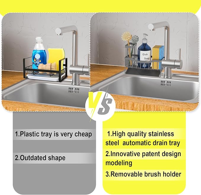 Maifan Sink Caddy Sponge Holder for Kitchen with Brush Holder and Stainless Steel Self Drain Tray, Rustproof Kitchen Sink Organizer for Sponge, Soap Dispenser Storage Accessories Dark Gray