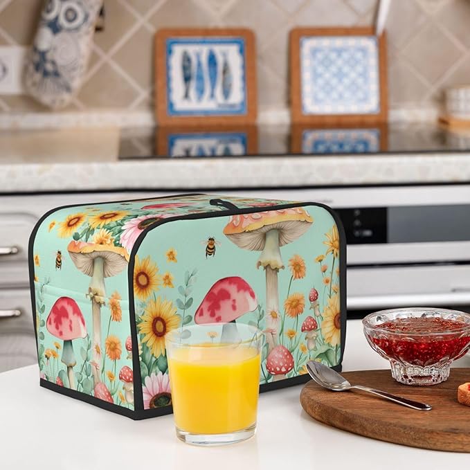 Pastel Sunflowers Mushrooms Toaster Cover 2 Slice, Cute Rural Bread Machine Cover, Washable Dust-Proof Cover for Kitchen Small Appliance Cover,with Top Handle