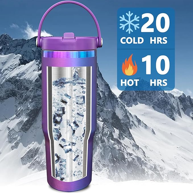 30 oz Tumbler Bulk with Handle and Straw, Vacuum Insulated Tumblers with Flip Straw and Top Handle, Leakproof Powder Coated Tumbler, Stainless Steel Travel Mug for Coffee (BluePurple, 4 Pack)