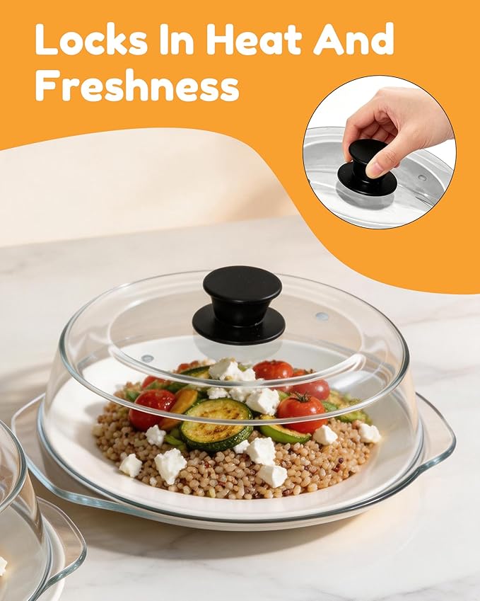 Tall Glass Microwave Splatter Cover for Food & Microwave Place Mat,2 in 1,Sturdy clear 100% food safe BPA free glass lid with easy grip silicone handle，Dishwasher safe for easy cleaning