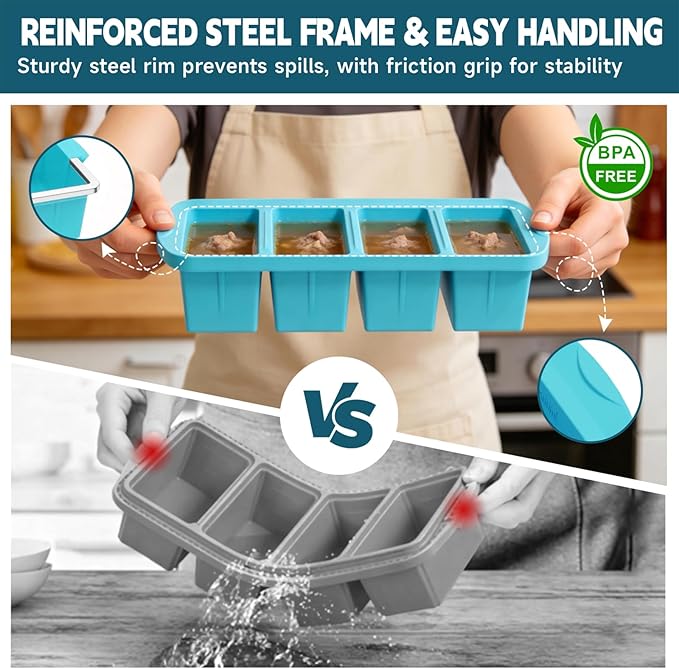 4-Pack Silicone Freezer Trays with Lid & 20 Bags - Multi-Size 1-Cup & 2-Cup Portions, Food-Grade Silicone Freezer Molds for Soup & Meal Prep - Freezer Storage Containers, Oven & Dishwasher Safe - Blue