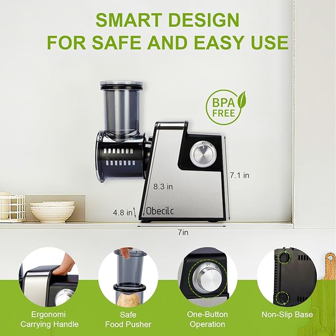Upgraded 300W Electric Cheese Grater with 7 Stainless Steel Blades, Cheese Shredder Electric for Slicing, Shredding & Grinding Vegetables, Fruits and Nuts,Easy One-Touch Control