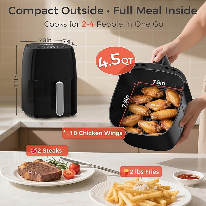 OSTBA 4.5QT Air Fryer, LED Touch Screen, 6 Presets, Fast Oil-Free Cooking, Adjustable Temp & Timer, Dishwasher Safe Nonstick Basket, Compact Family Size