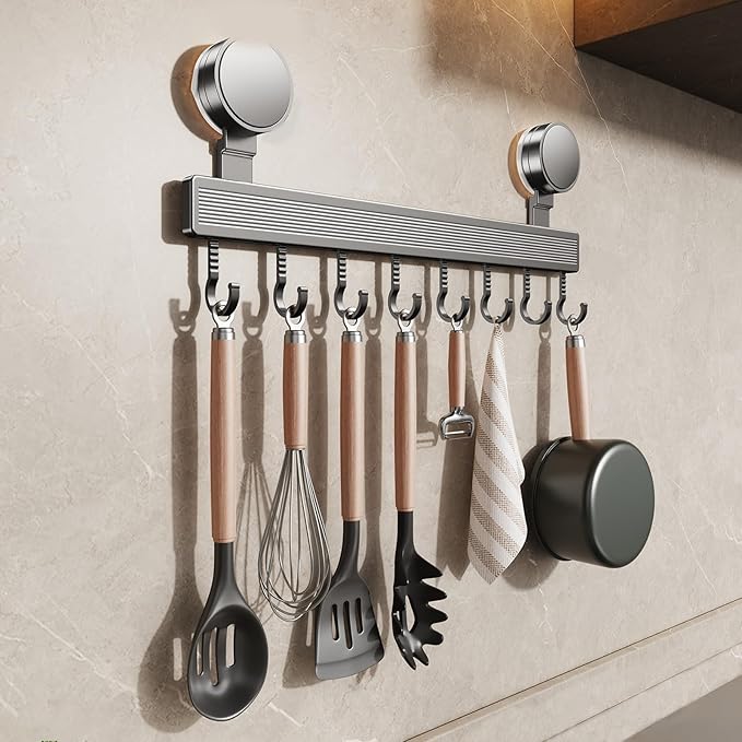 Kitchen Utensil Hooks with Suction Cup, Removable, Aluminum, 40 cm, 8 Hooks, No-Drill, Waterproof, 20 kg Capacity