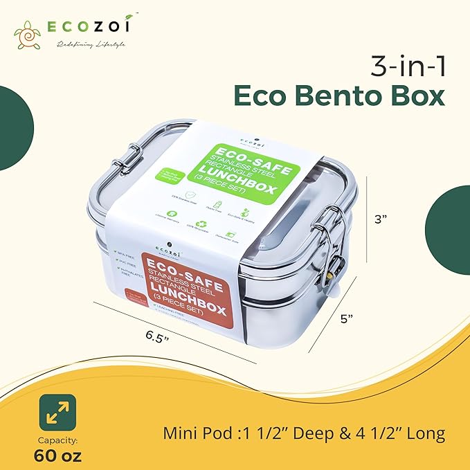 ecozoi Leak Proof Stainless Steel Lunch Box, 3-in-1 Eco Bento Box | Redesigned Silicone Seal + Bonus Lunch Pod | Sustainable Tiffin Eco Friendly Metal Bento Box Food Storage Containers