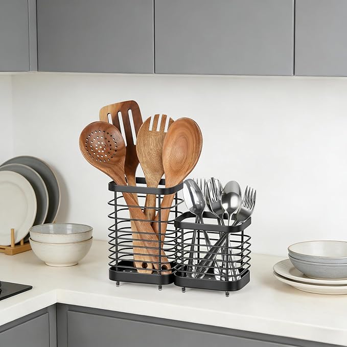 Utensil Holder, Stainless Steel Utensil Drying Rack for Kitchen Counter, Silverware Cutlery Flatware Holder Forks, Knives, Spoons, Chopsticks Organizer (Black)