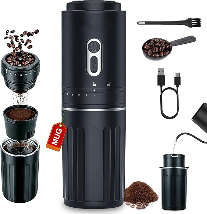 Portable Coffee Maker, Travel Coffee Maker, Portable Battery Pour Over Set, Rechargeable Coffee Maker with Electric Grinder & Insulated Mug for Travel, Camping, Car