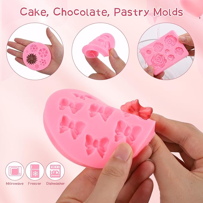 Pimoys 4 Pcs Flower&Bow Molds for Chocolate, Flower Chocolate Molds Silicone Cake Mold Bow Candy Mold Silicone for Wax Melts Birthday Cake Decoration Easter Gifts for Women