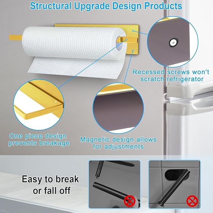 Paper Towel Holder Gold, Magnetic Paper Towel Holder for Fridge, Toilet Paper Roll Holder Magnet Paper Towel Rack Wall Mount Fridge Organizer for Golden Bathroom Kitchen Dorm Room RV Essentials, 2Pack