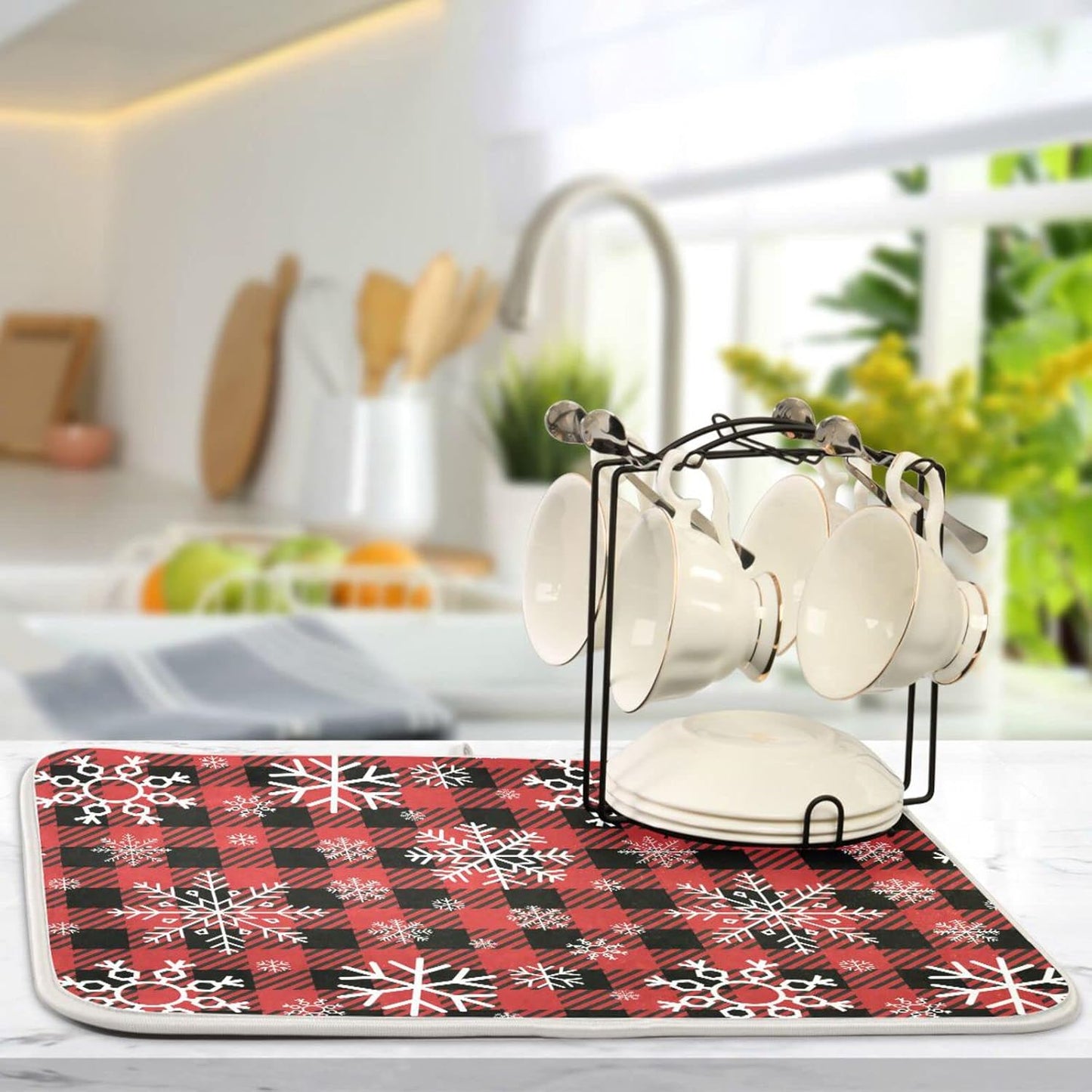 Snowflake Buffalo Plaid Dish Drying Mat for Kitchen Counter Christmas Absorbent Microfiber Drying Pad, Lager 18x24 in, Reversible Drainer Mats