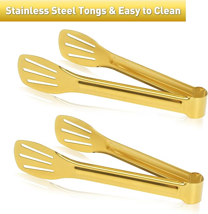 JCREN Serving Tongs 6 Pack Stainless Steel Buffet Tongs Kitchen Tongs, Small Tongs Gold Tongs Serving Utensils for Party Catering, Gold,7 Inch