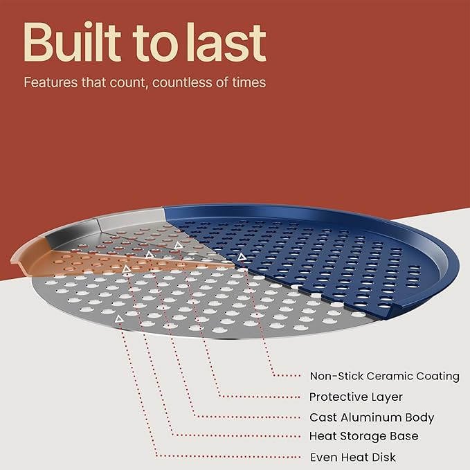 Bakken Pizza Baking Pan - Round Perforated Carbon Steel Pan with Non-Stick Marble Coating, Oversized Silicone Handle, Dishwasher Safe, High-Temperature Resistant, Durable & Easy Cleanup - Blue, 2 Pack