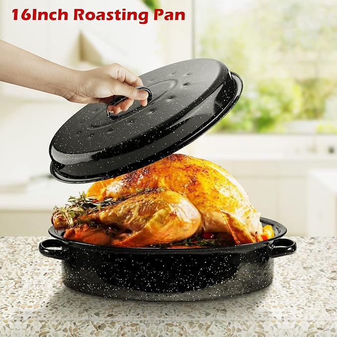 DIMESHY 16Inch Roasting Pan, Enamel on Steel, Black Covered Oval Roaster Pan with Lid, Medium Cookware for Turkey, Small Chicken, Roast Baking Pan.