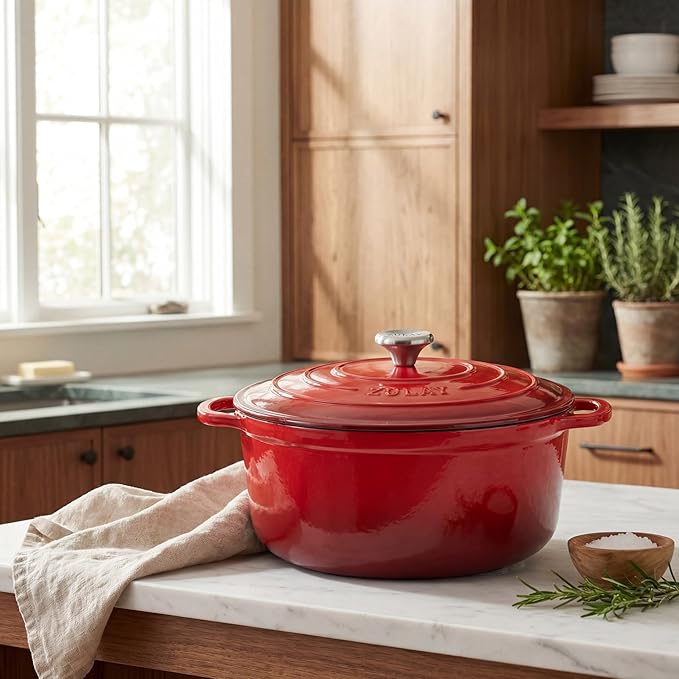 Zulay Kitchen 7.7 Quart Enameled Cast Iron Dutch Oven Pot with Lid – Premium Durability & Oven Safe up to 500°F – Heavy Duty Cookware Perfect for Bread Baking, Stews, Braising & Roasting – Ablaze Red