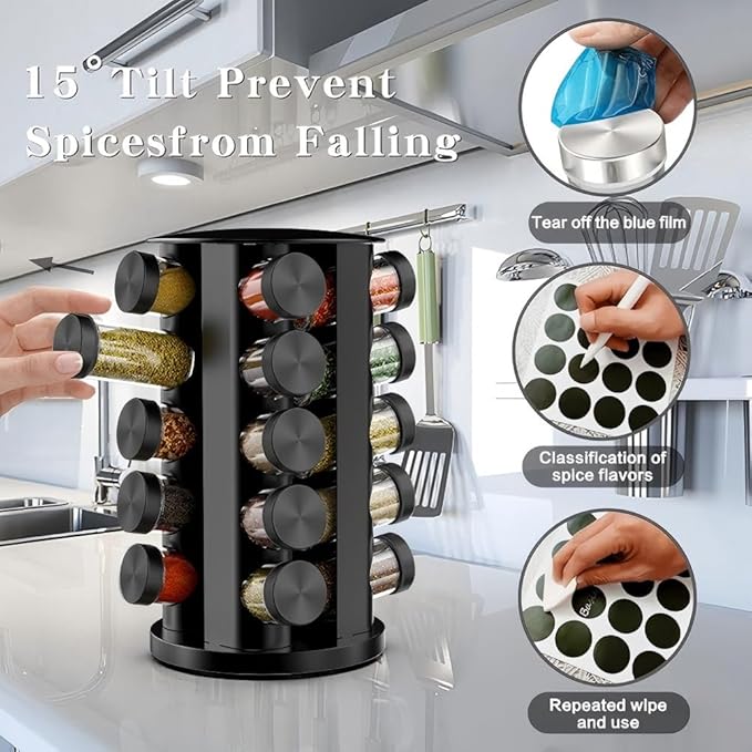 Rotating Spice Rack Organizer for Cabinet, Spice Racks Storage with 20 Jars, Spinning Spice rack for Kitchen Countertop, Spice Holder,Seasoing Storage Racks, Black