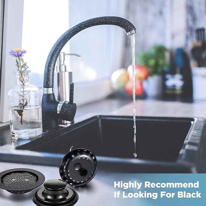 Mudder 3 Pcs Kitchen Sink Drain Strainer and Stopper Stainless Steel Garbage Disposal Plug with Handle Universal Anti-Clogging Kitchen Sink Filter Sieve Basket Strainer(Black)