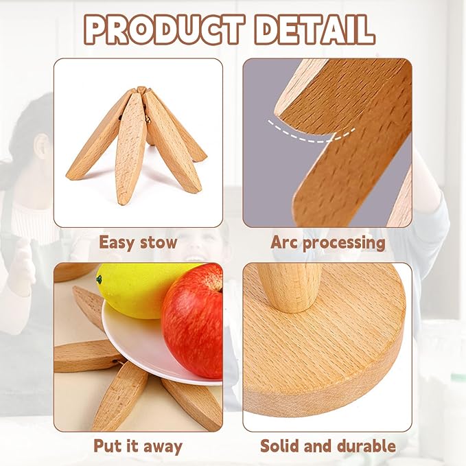 Natural Foldable Black Walnut Wooden Trivet Set - 4 Trivets + 1 Stand for Hot Dishes, Pot, Bowl, Teapot, Hot Pot Holders(Beech)