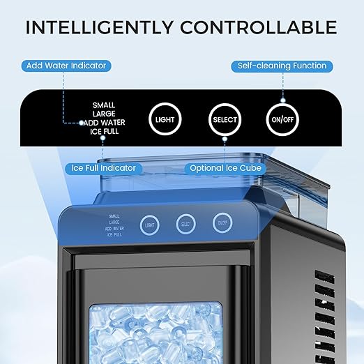 COWSAR Ice Maker Countertop, Portable Ice Machine with External Water Tank, 8 Cubes in 6 Mins, 26 lbs/24Hrs, Self-Cleaning Quiet Compact Commercial Ice Makers for Home, RV, Camping, Black