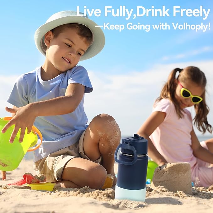 Volhoply 14oz KIds Water Bottle with Straw Lid and Silicone Boot Bulk 2 Pack,Stainless Steel Insulated Cups for Boys & Girls Multipack,Double Wall Vacuum Leakproof Bottles(Blue Green,2)