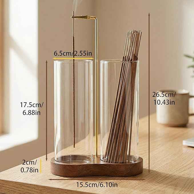 Incense Holder, 2 in 1 Wooden Incense Holder for Sticks with 20 Incense Sticks, Anti-ash Incense Burner with Glass Ash Catcher (2 Glass Ellipse Base)