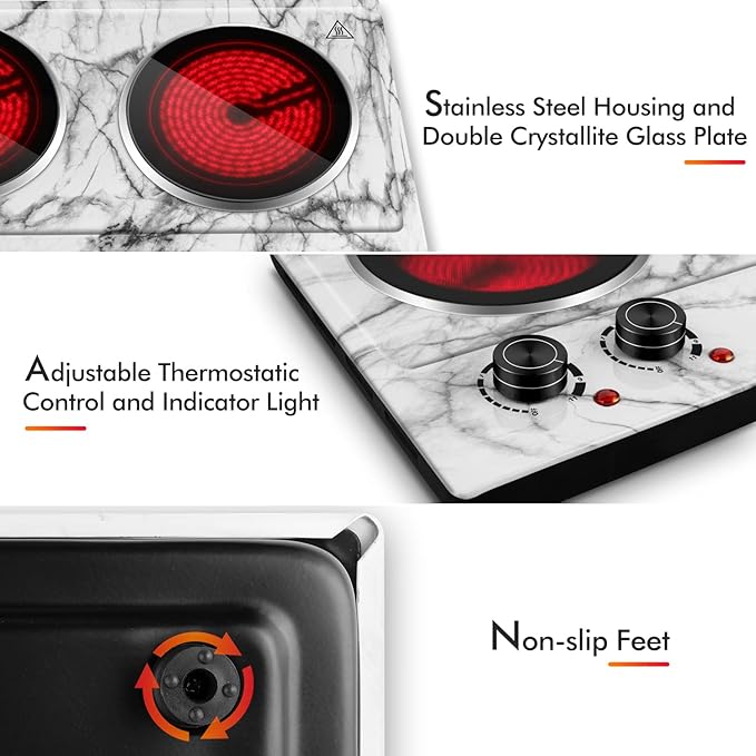 CUSIMAX Hot Plate, 1800W Double Burner Electric Hot Plate for Cooking, Dual Control Portable Infrared Stove Countertop Cooktop, Heat-up in Seconds, Stainless Steel White Marble