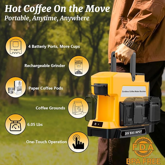 Cordless Coffee Maker for Dewalt 20V MAX Battery, 3 Brewing Options Drip Coffee Maker with Coffee Grinder, Portable Single Serve Coffee Makers for Camping, Travel, and Jobsite. (Tool Only)