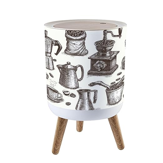Trash Can with Lid Vintage Coffee Brewing Utensils Hand Drawn Style Press Top Round Small Garbage Bin with Wooden Legs Waste Basket for Kitchen Bedroom Nursery 7L/1.8 Gallon