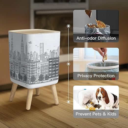 Small Trash Can with Lid Hand drawn panorama New York City skyline cityscape seamless suitable Wastebasket with Press Cover Dog Proof Garbage Can Waste Bin for Kitchen Bathroom Nursery 2.6 Gallon