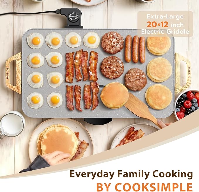 CookSimple Everyday 20"x12" Electric Griddle–1700W Nonstick ILAG Granite Surface, Large Flat Design, Perfect for Family Meals, Pancakes&Eggs, Fast Even Heating, Easy to Clean, Granite Grey