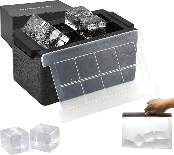 Bangp Crystal Clear Ice Cube Maker,8 Large 2" Square Pure Ice Cubes for Cocktails,Bourbon & Drinks,Clear Ice Cube Mold with Reusable Ice Storage Bag,Whiskey Gifts for Men