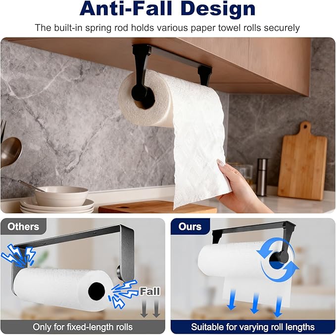 Black Paper Towel Holder Under Cabinet, Adhesive Paper Towel Holder Wall Mount Toilet Roll Holders Rack for Kitchen Bathroom Garage Counter, Anti-Drop Upgraded Telescopic Rod Design Roll