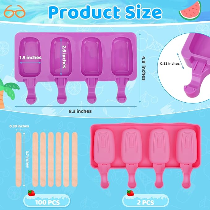 SAYAYA 2 Set Silicone Popsicle Molds with 100 Sticks, Reusable 4 Cavities Homemade Cake Pop & Cakesicle Mold for DIY Ice Cream, Ice Pop, Easy Release & Dishwasher Safe for Kids Family (Pink & Purple)